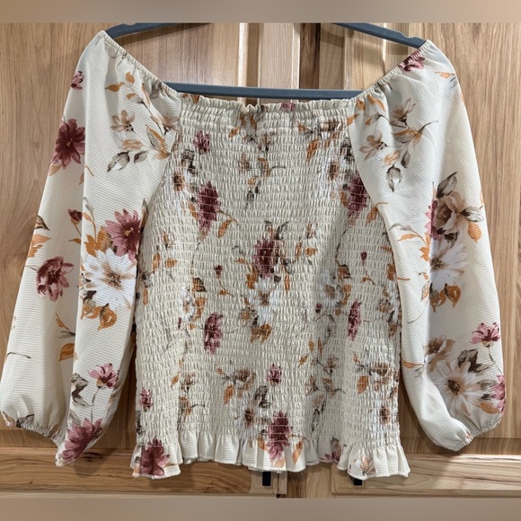 Everly Cream Off the Shoulder Floral Smocked Cropped Balloon Sleeve Fall Blouse - Picture 6 of 10